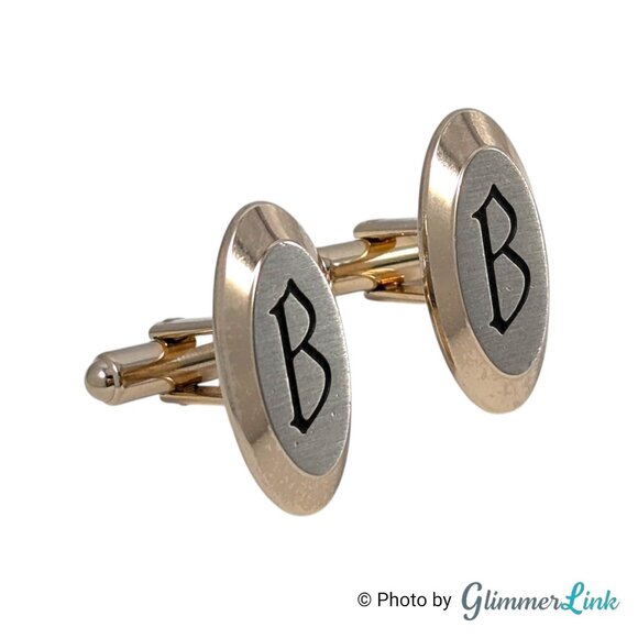 Vintage Hickok USA Monogram B Cufflinks and Tie Bar Jewelry Set Gold Tone Oval - Picture 2 of 10